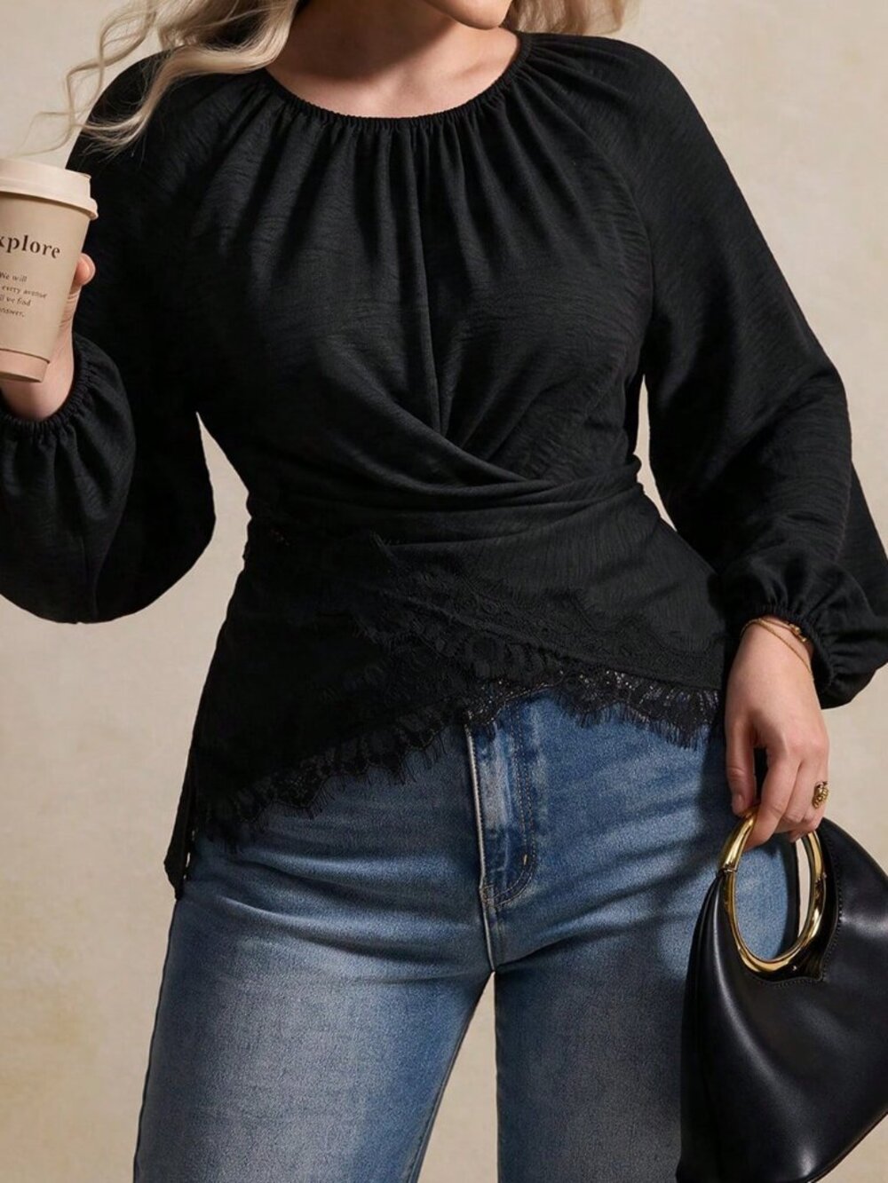 Black Casual Women's Regular Fit Plus Size Cross-Tie Lace Patchwork Raglan Top